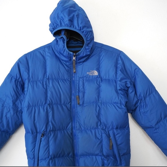 The Northface 550 Y Boys 14/16 Puffer Jacket Full Zip Hood Blue Reversible - Picture 7 of 11